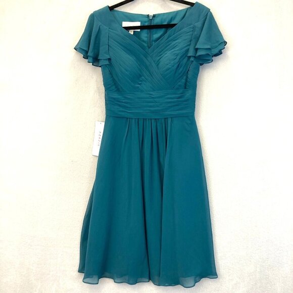 NWT Azazie Hadley Bridesmaid Dress A4 Sz 4 Peacock Teal Blue Knee Length Chiffon - Picture 1 of 14